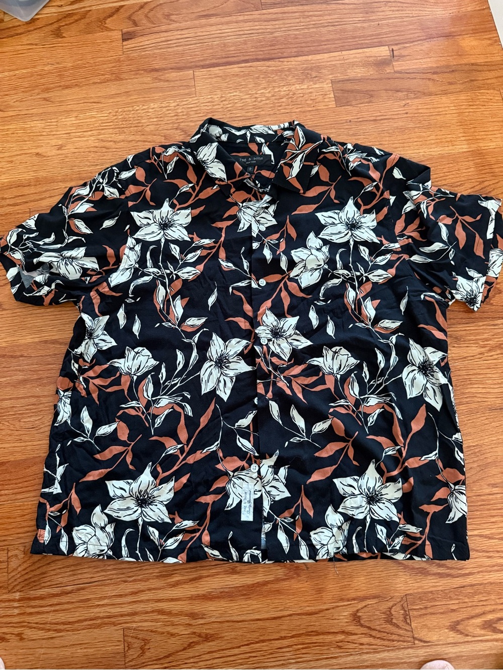 rag & bone Avery Floral Print Camp Collar Cotton Shirt Black Orange Large L